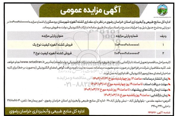 مزایده مقداری کشته آنغوزه