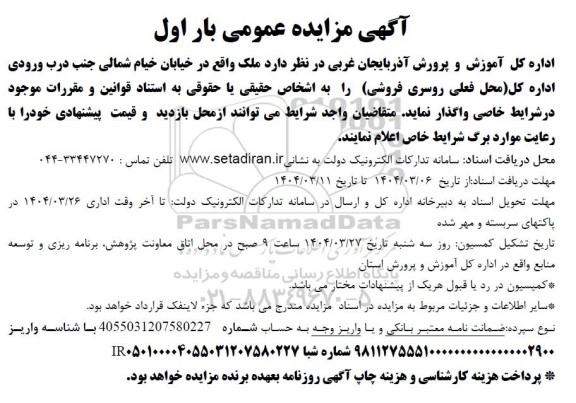 مزایده اجاره ملک (محل فعلی روسری فروشی)