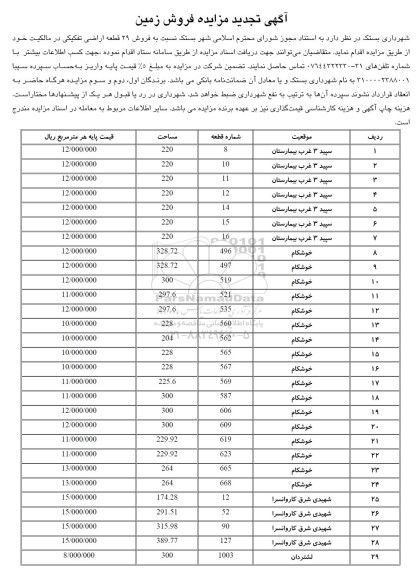 مزایده فروش 29 قطعه اراضی تفکیکی تجدید