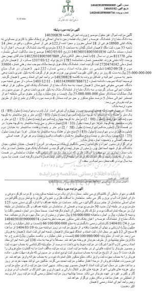 مزایده فروش سه دانگ مشاع از ششدانگ عرصه و اعیان یک قطعه زمین با بنای احداثی نوع ملک طلق با کاربری مسکونی