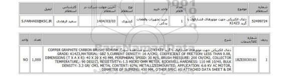 استعلام ذغال الکتریکی جهت موتورهای فشارقوی با گرید K14Z3