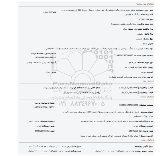 مزایده، فروش ششدانگ سرقفلی یک واحد تجاری به پلاک ثبتی 1609 بازار تهران مساحت 14متر ط همکف و 12.5 ط فوقانی