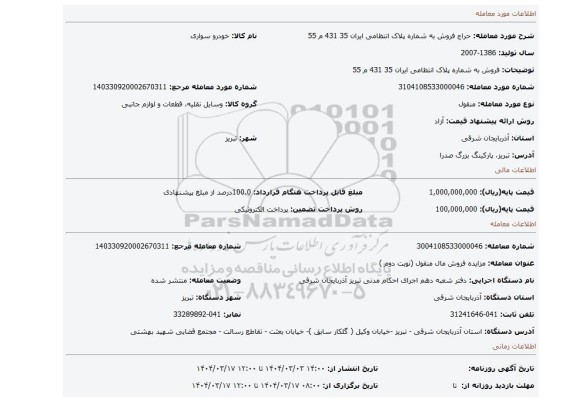 مزایده، فروش به شماره پلاک انتظامی ایران 35 431 م 55