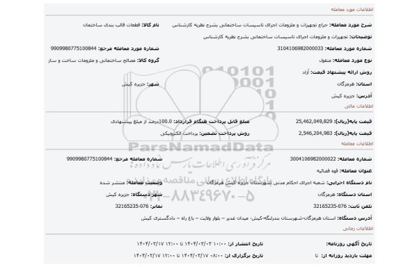 مزایده، تجهیزات و ملزومات اجرای تاسیسات ساختمانی بشرح نظریه کارشناس