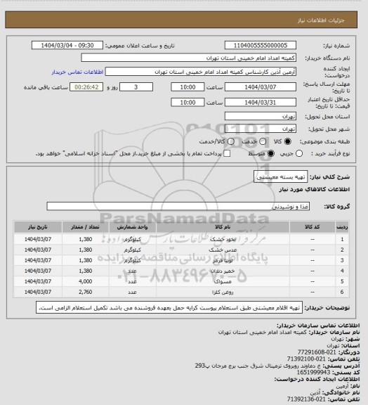 استعلام تهیه بسته معیشتی