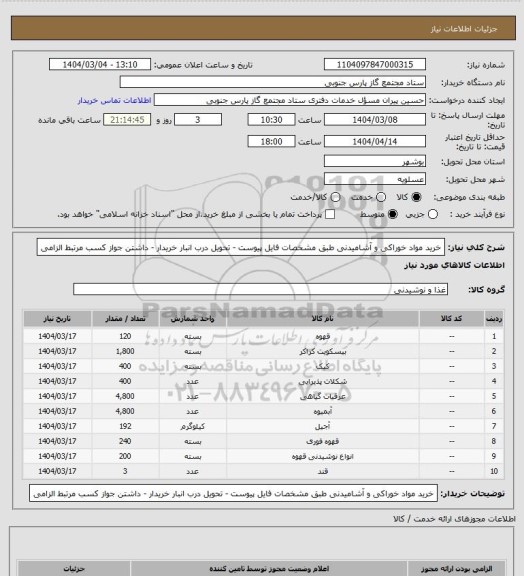 استعلام خرید مواد خوراکی و آشامیدنی طبق مشخصات فایل پیوست - تحویل درب انبار خریدار - داشتن جواز کسب مرتبط الزامی