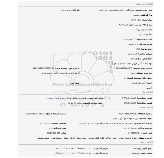 مزایده، اگهی فروش اموال منقول (نوبت اول)
