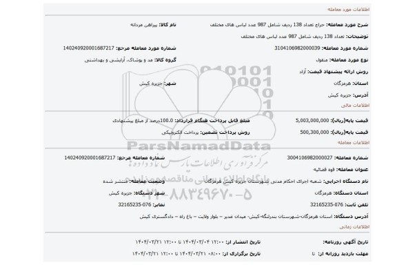 مزایده، تعداد 138 ردیف شامل 987 عدد لباس های مختلف