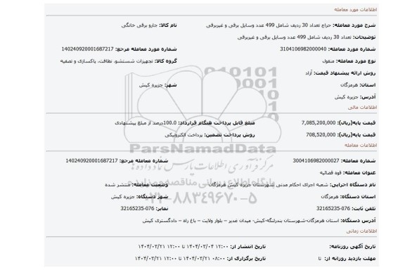 مزایده، تعداد 30 ردیف شامل 499 عدد وسایل برقی و غیربرقی