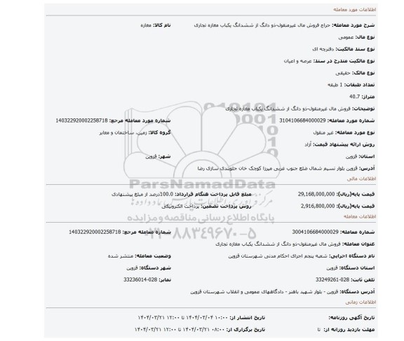 مزایده، فروش مال غیرمنقول-ذو دانگ از ششدانگ یکباب مغازه تجاری
