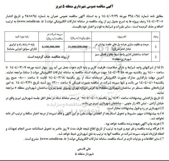 مناقصه مرمت و مقاوم سازی عرشه پل های خلعت پوشان