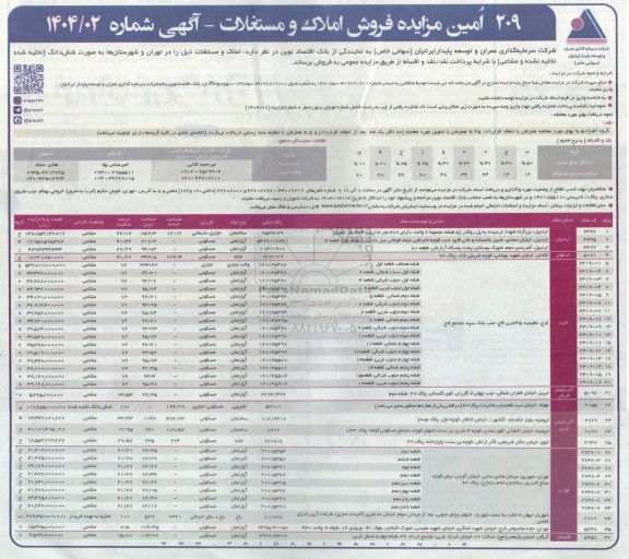 209 اُمین مزایده فروش املاک و مستغلات