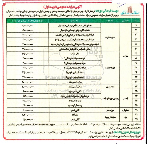 مزایده بهره برداری از اماکن موسسه ...