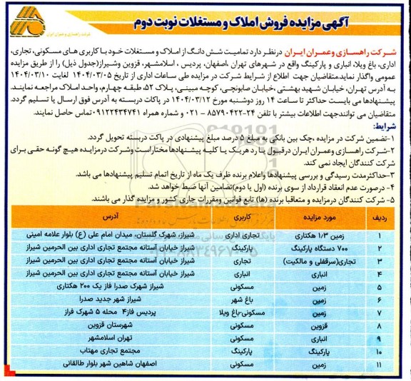 مزایده فروش املاک و مستغلات - نوبت دوم