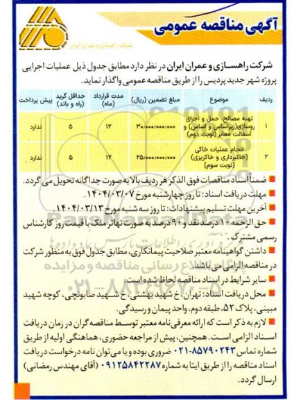 مناقصه تهیه مصالح حمل و اجرای روسازی ....