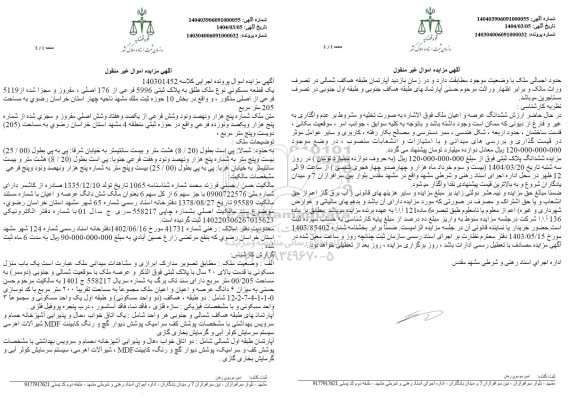 مزایده فروش یک قطعه مسکونی با پلاک ثبتی 5996 فرعی از 176 اصلی