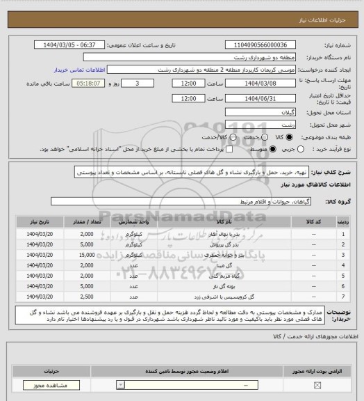 استعلام تهیه، خرید، حمل و بارگیری نشاء و گل های فصلی تابستانه، بر اساس مشخصات و تعداد پیوستی