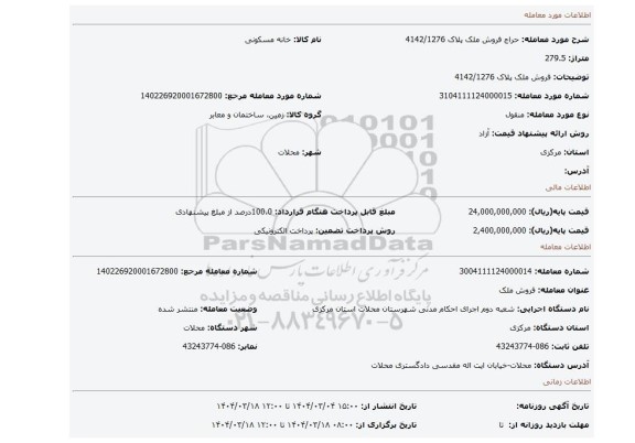 مزایده، فروش ملک پلاک 4142/1276