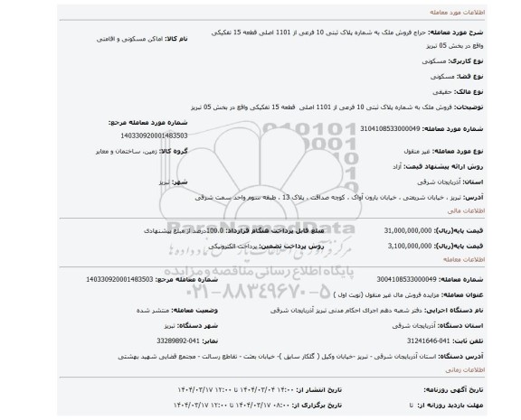 مزایده، فروش ملک به شماره پلاک ثبتی 10 فرعی از 1101 اصلی قطعه 15 تفکیکی واقع در بخش 05 تبریز