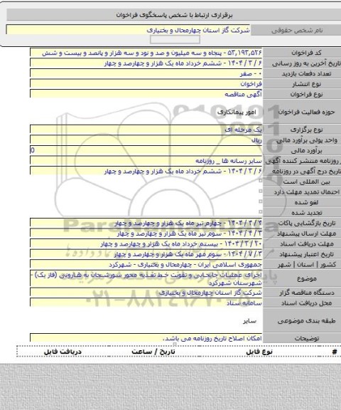 مناقصه, اجرای عملیات جابجایی و تقویت خط تغذیه محور سورشجان به هارونی (فاز یک) - شهرستان شهرکرد