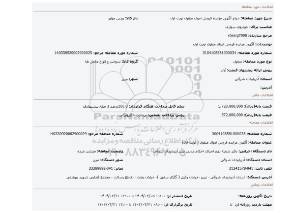 مزایده، آگهی مزایده فروش اموال منقول نوبت اول
