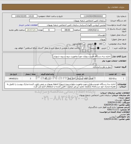 استعلام اجاره سه دستگاه خودرو سواری جهت ماموریت درون و برون شهری