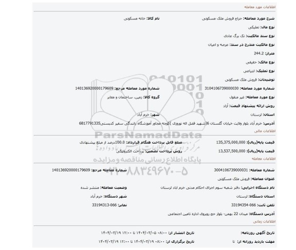 مزایده، فروش ملک مسکونی
