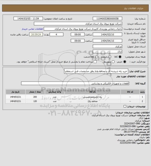 استعلام خرید رله شیشه ای و محافظ ولتاژ وفق مشخصات فنی استعلام