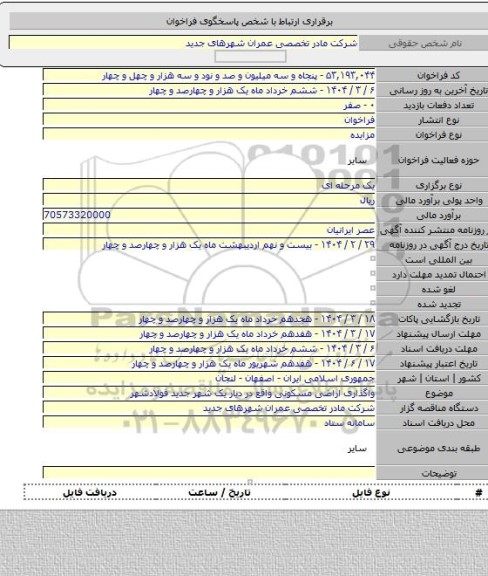 مزایده, واگذاری اراضی مسکونی واقع در دیار یک شهر جدید فولادشهر
