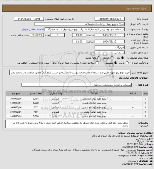استعلام خرید انواع پیچ ومهره طبق فرم استعلام ومشخصات پیوست (محاسبه بر حسب کیلو گرم) مطابق الزامات واستاندارد توانیر