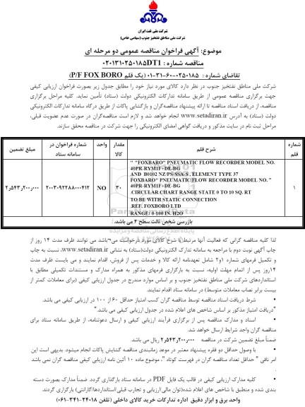 مناقصه یک قلم P/F FOX BORO