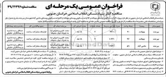فراخوان مناقصه پروژه 40 واحد مسکونی روستای چهکند ...
