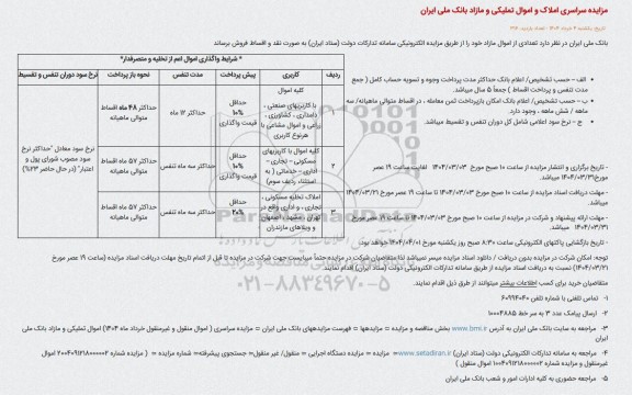 مزایده سراسری املاک و اموال تملیکی و مازاد بانک ملی ایران