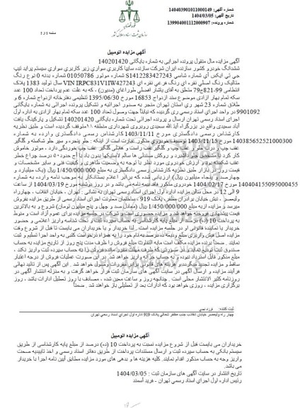 مزایده یک دستگاه اتومبیل سواری کاربری سواری پراید تیپ جی تی ایکس آی