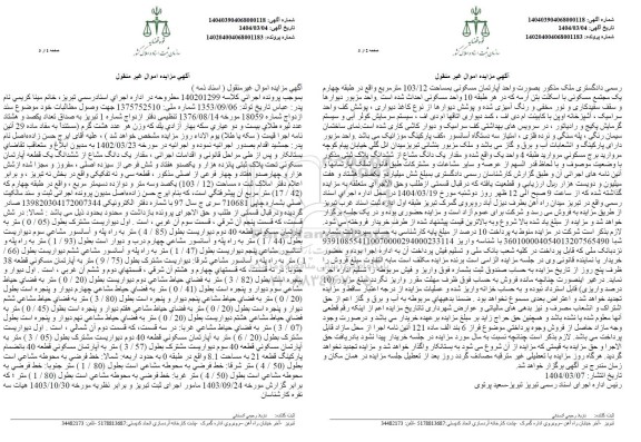 مزایده یک دانگ مشاع از ششدانگ یک قطعه آپارتمان