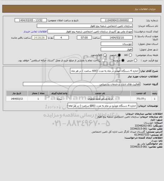 استعلام اجاره 4 دستگاه خودرو در ماه به مدت (600 ساعت ) در هر ماه