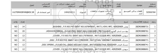 استعلام قطعات یدکی کمپرسور ارزنر