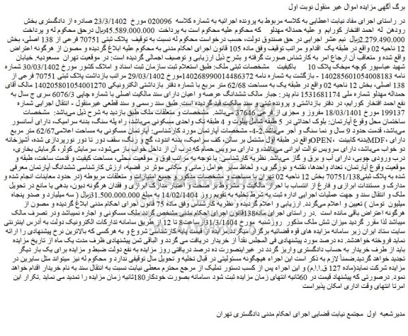 مزایده ملک پلاک ثبتی 70751 فرعی از 138 اصلی