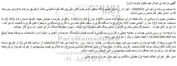 مزایده ساختمان بصورت ویلایی در یک طبقه