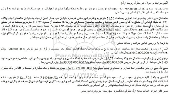 مزایده یکباب واحد تجاری بمساحت 21.20 مترمربع