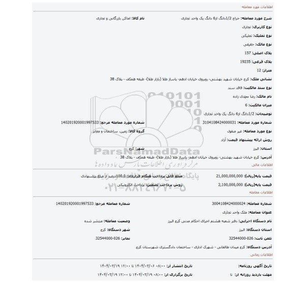 مزایده، 1/2دانگ از6 دانگ یک واحد تجاری