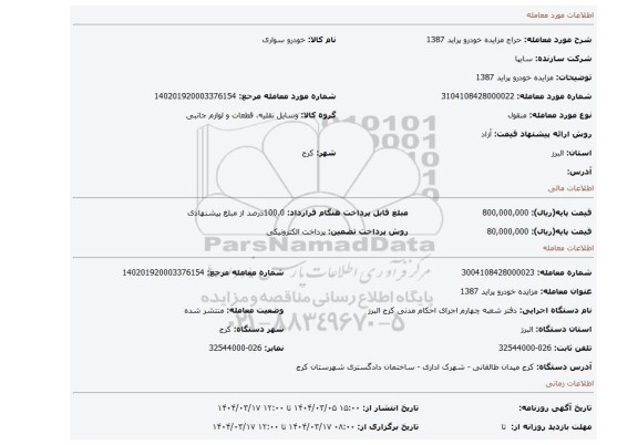 مزایده، مزایده خودرو پراید 1387