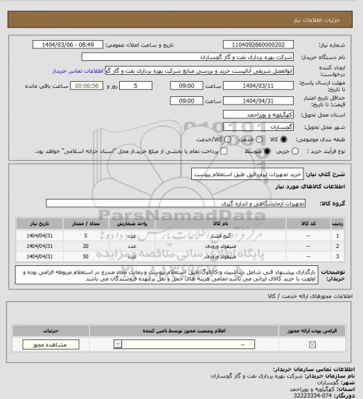 استعلام خرید تجهیزات ابزاردقیق طبق استعلام پیوست