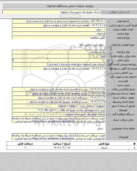 مناقصه, خرید ترانسفورماتور روغنی توزیع کم تلفات ۴۰۰ کاوا  ۲۰/۰.۴kv