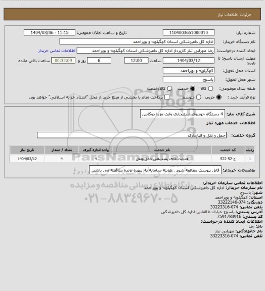 استعلام 4 دستگاه خودروی استیجاری وانت مزدا دوکابین