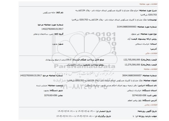 مزایده، ملک مشاع با کاربری مسکونی ابتدای خیابان نادر - پلاک 124کلاسه 0201703 ش4اجرا