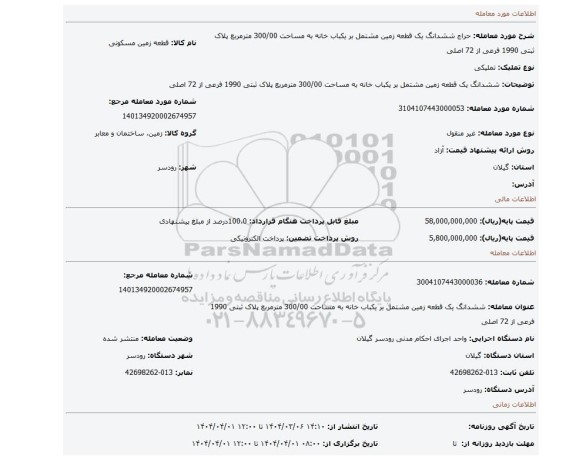 مزایده، ششدانگ یک قطعه زمین مشتمل بر یکباب خانه به مساحت 300/00 مترمربع پلاک ثبتی 1990 فرعی از 72 اصلی