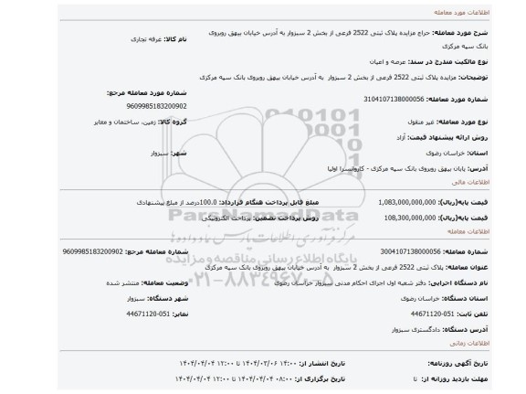 مزایده، مزایده پلاک ثبتی 2522 فرعی از بخش 2 سبزوار  به آدرس خیابان بیهق روبروی بانک سپه مرکزی