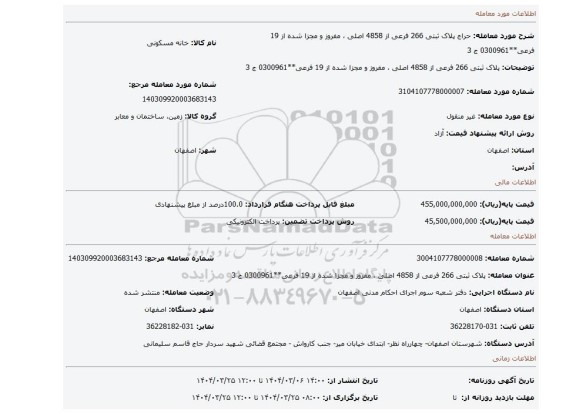مزایده، پلاک ثبتی 266 فرعی از 4858 اصلی ، مفروز و مجزا شده از 19 فرعی**0300961 ج 3
