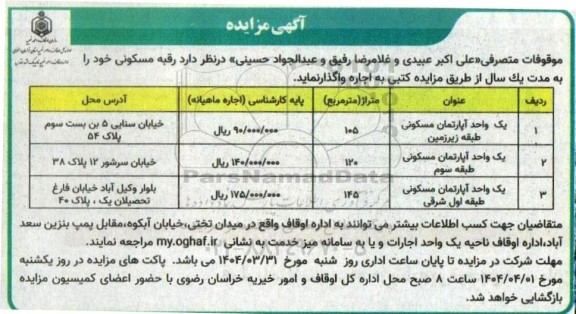 مزایده اجاره رقبه مسکونی